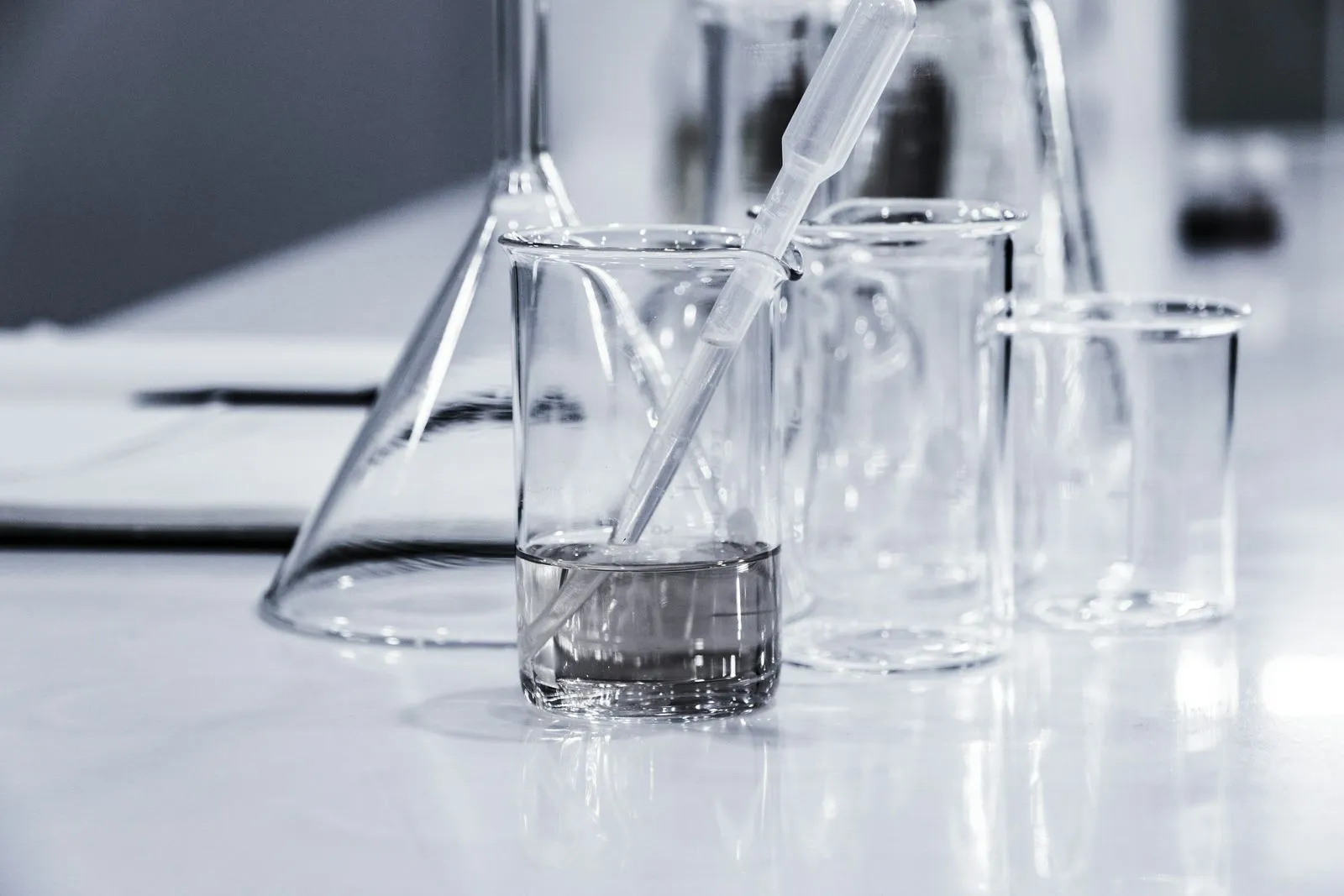Béchers en verre alignés sur une paillasse de laboratoire